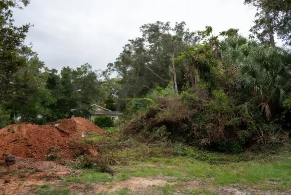 Overgrown residential yard in Arlington Jacksonville Florida with large brush pile and mound of excavation fill dirt before cleanup in suburban neighborhood