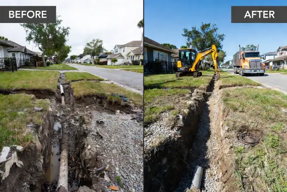 before after storm drainage repair jacksonville beach fl hurricane ian october 2022 collapsed french drain ads n12 replacement mini excavator