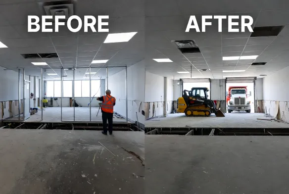 Before and after commercial tenant build-out demolition in Baymeadows Southside Jacksonville FL with interior gutting, structural engineer review, GC coordination and build-ready shell space