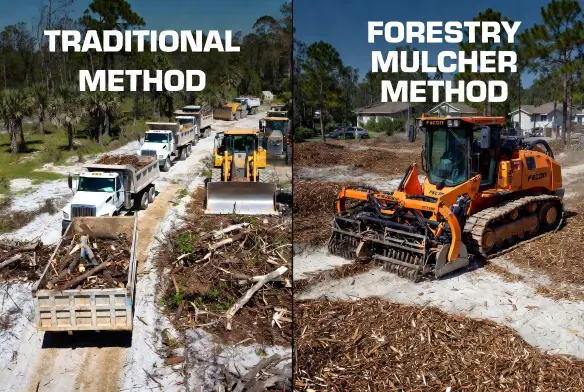 Forestry mulching vs traditional land clearing Jacksonville FL — single machine vs multiple trucks and hauling costs
