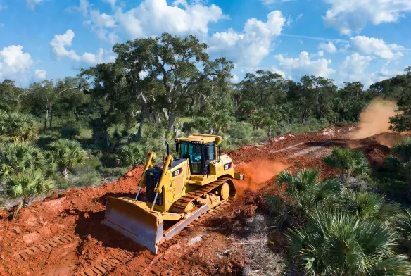 How long does land clearing take Jacksonville FL — CAT D6N dozer clearing red clay soil through palmetto scrub and live oak trees in Duval County
