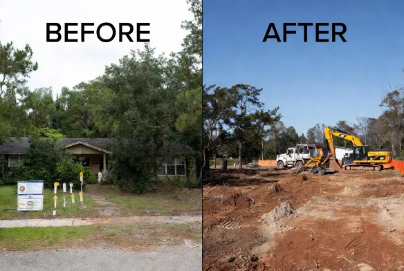 Before and after demolition and land clearing project in Mandarin Jacksonville FL with house demolition, 0.8 acre lot clearing, CAT 336 excavator, Fecon FTX148 forestry mulcher and build-ready grading