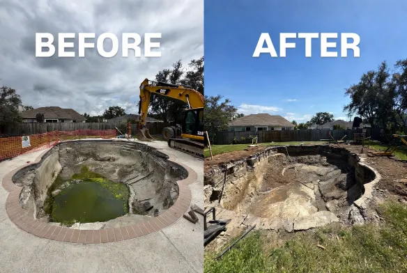 Before and after gunite pool demolition in Orange Park Clay County FL with engineered fill, certified compaction testing, CAT 336 excavator and builder-ready backyard grading