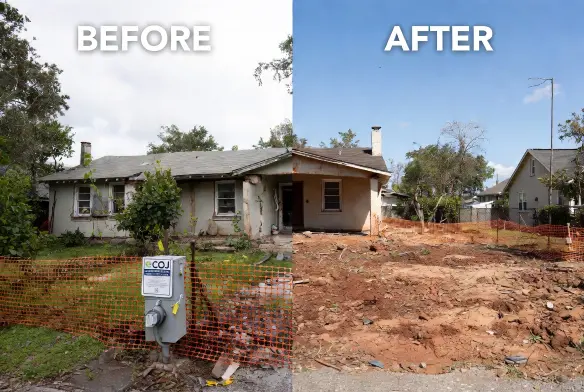 Before and after demolition of a 1958 concrete block house in Westside Jacksonville FL with COJ permit, utility disconnect tags, asbestos compliance, cleared build-ready lot and graded Florida sandy soil