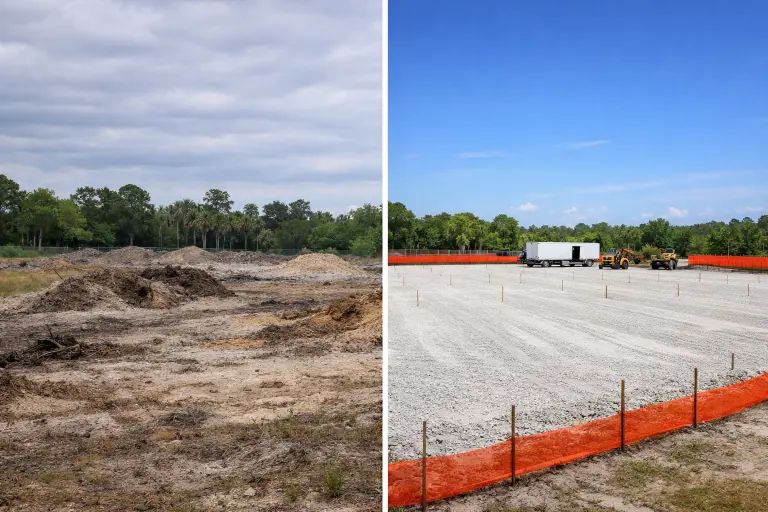 before after commercial site preparation baymeadows southside jacksonville fl 3.2 acres lime rock base cat d6n trimble gps foundation crew day 5