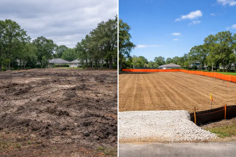  before after residential site preparation mandarin jacksonville fl 0.6 acres clay soil clearing grading lime rock silt fence 3 days