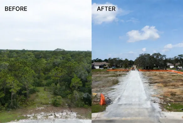 before after acreage site preparation fleming island clay county fl 1.8 acres clearing grading lime rock access road 180 feet heavy equipment access