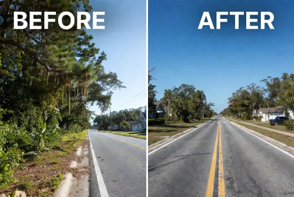Residential subdivision right of way clearing before
and after Orange Park Clay County FL 18 foot clearance
standard COJ permit approved 3 day project